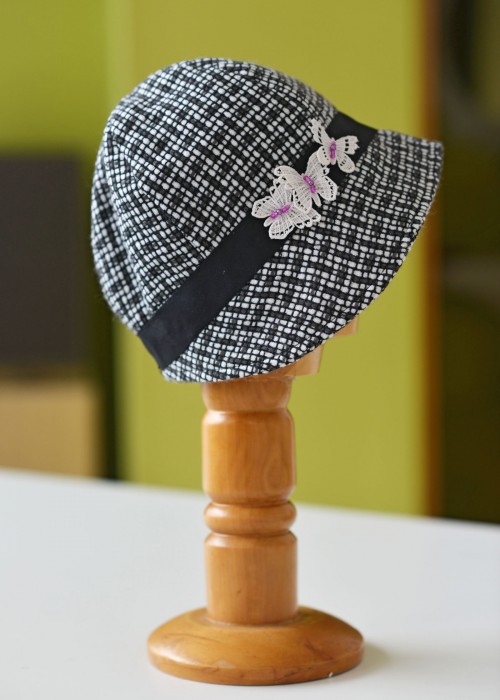 Black and white plaid wool cloche hat with butterflies’ details