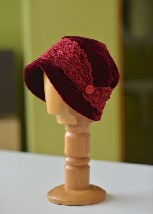Red velvet cloche hat with red lace 