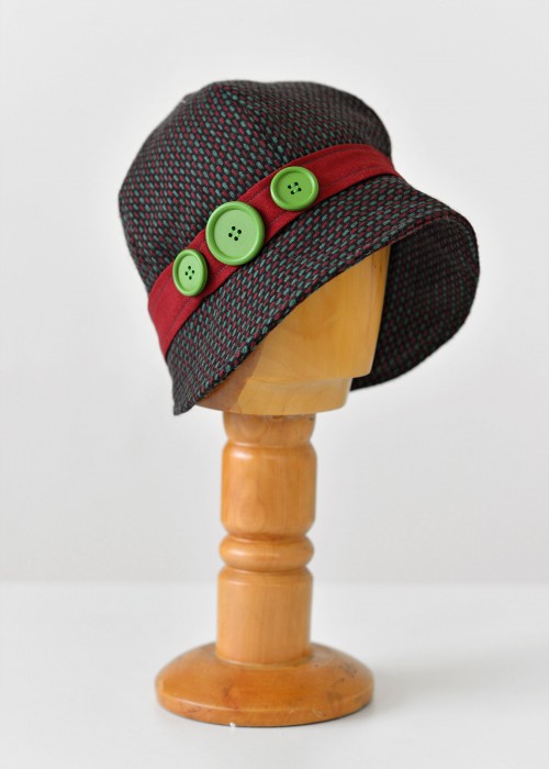Red and green plaid wool cloche hat with buttons 