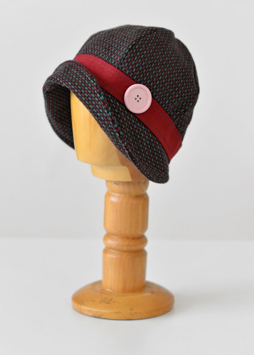 Red and green plaid wool cloche hat with button detail 