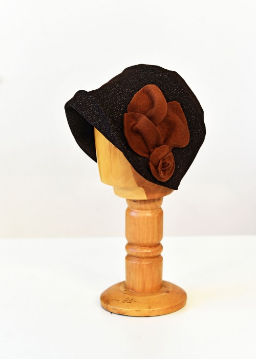 Dark brown wool cloche hat with red flower 
