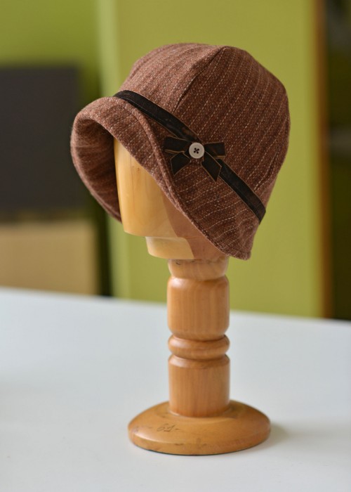 Light brown wool striped cloche hat with velvet ribbon