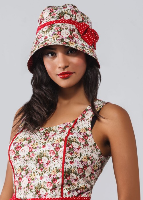 Red-white cotton cloche sun hat with a single bow 