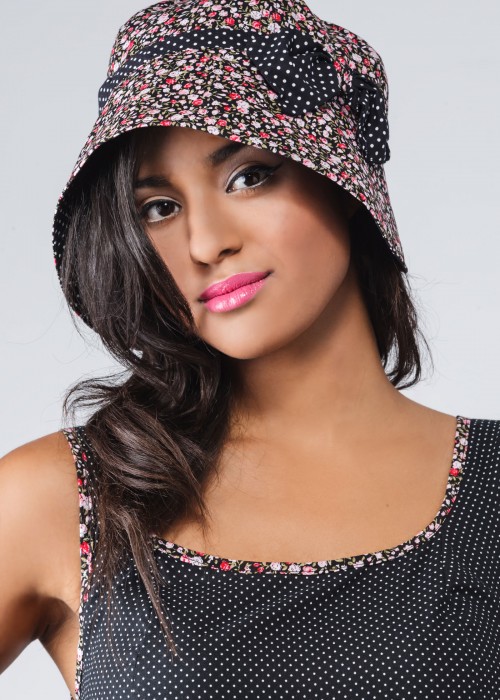 Black-pink cotton Cloche sun hat with a single bow 