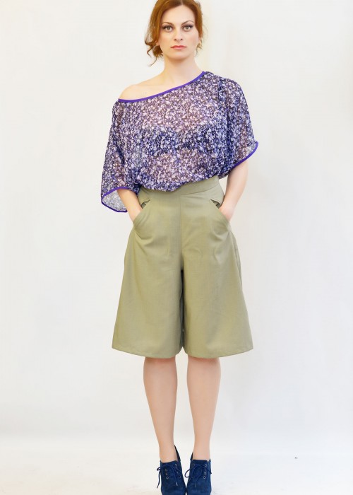 Grey skort linen skirt in retro style with pockets 