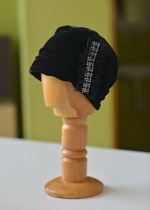 Black velvet turban hat with tulle