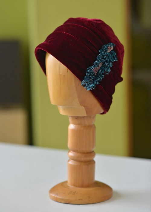 Red velvet turban hat with lace and beads