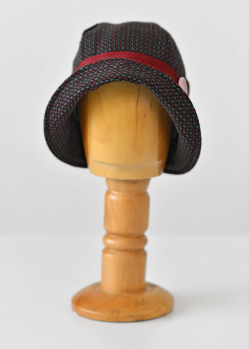 Red and green plaid wool cloche hat with button detail 