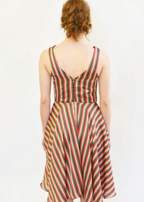 Brown-gold cotton striped summer dress in retro style 