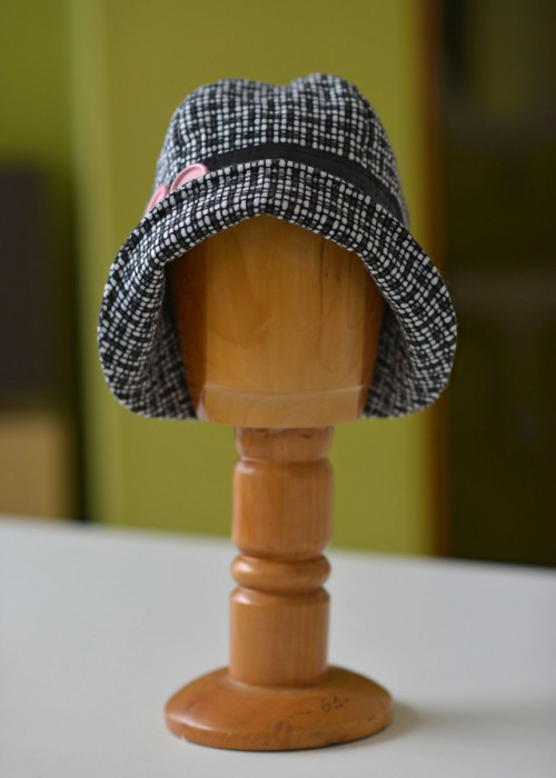 Black and white plaid wool cloche hat with pink details