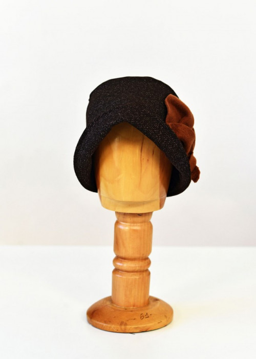 Dark brown wool cloche hat with red flower 