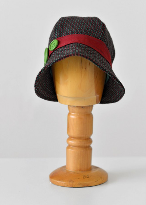 Red and green plaid wool cloche hat with buttons 