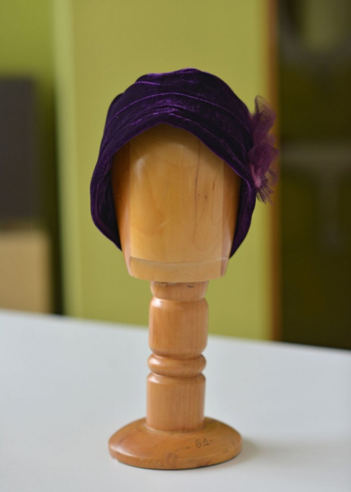 Purple velvet turban hat with tulle and beads