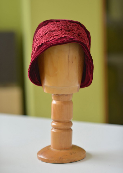 Red velvet cloche hat with red lace 