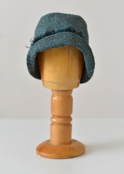 Turquoise wool herringbone cloche hat with velvet ribbon 