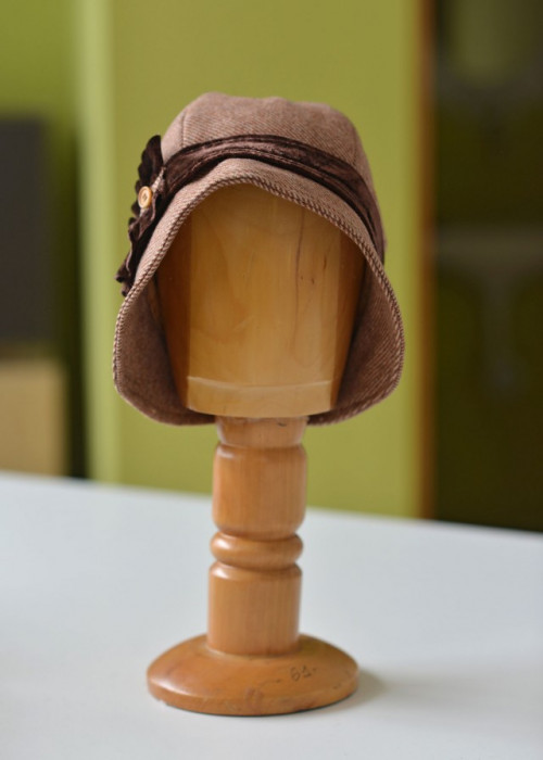 Light Brown wool striped cloche hat with ruffles and button details 