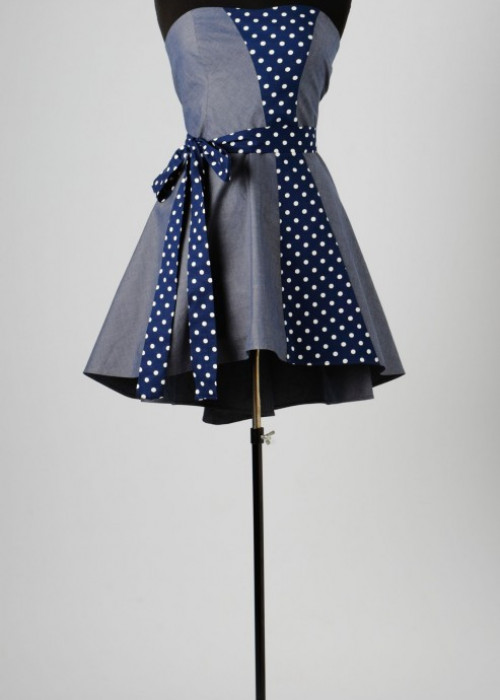 Dark light blue asymmetrical summer strapless mini dress 