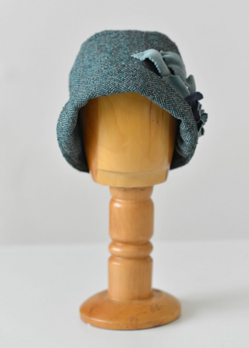 Turquoise wool herringbone cloche hat with flower detail