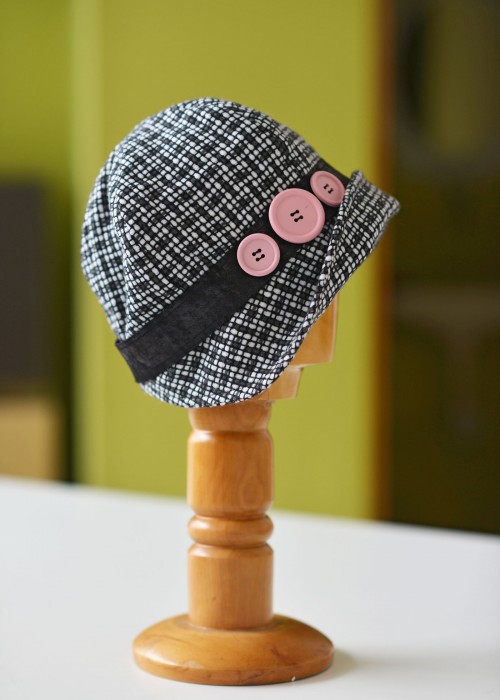 Black and white plaid wool cloche hat with pink details