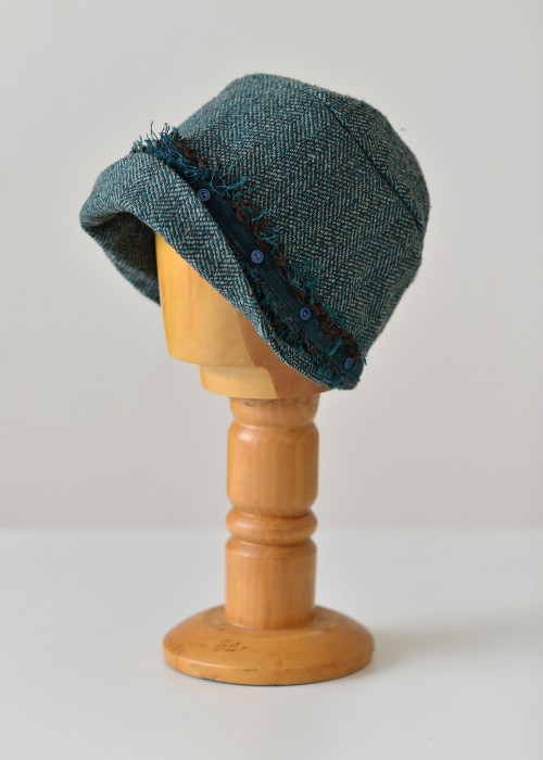 Turquoise wool herringbone cloche hat with velvet ribbon 
