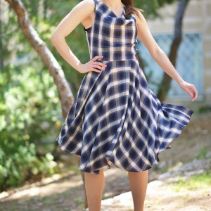 Blue-white plaid cotton draped summer dress in retro style. | Where is
